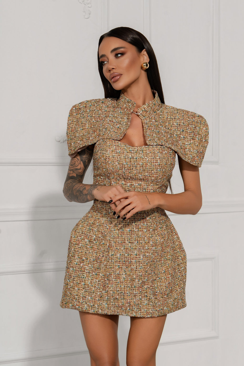 Gold Tweed Mini Dress